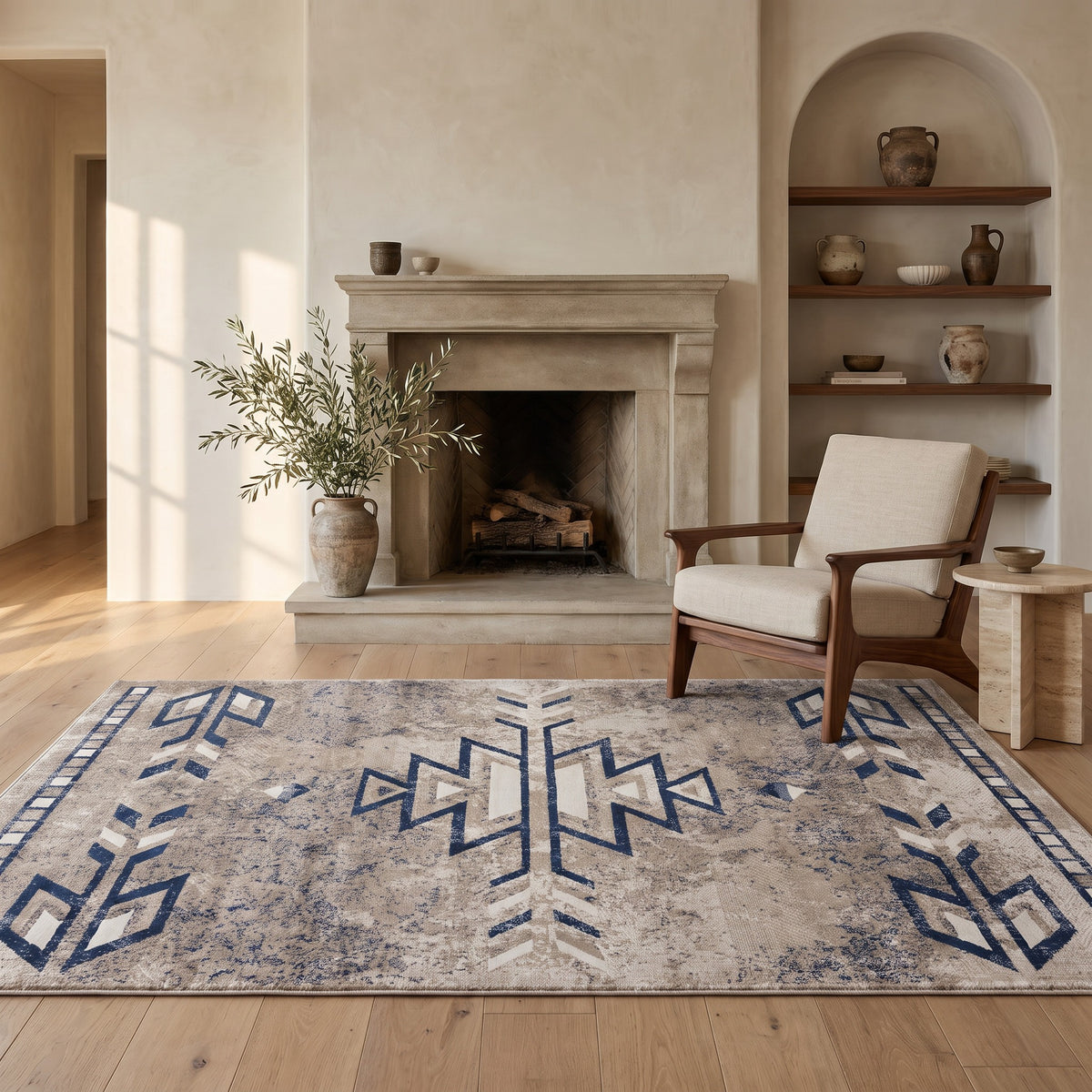 Nava Southwestern Contemporary Blue and Beige Indoor Rug