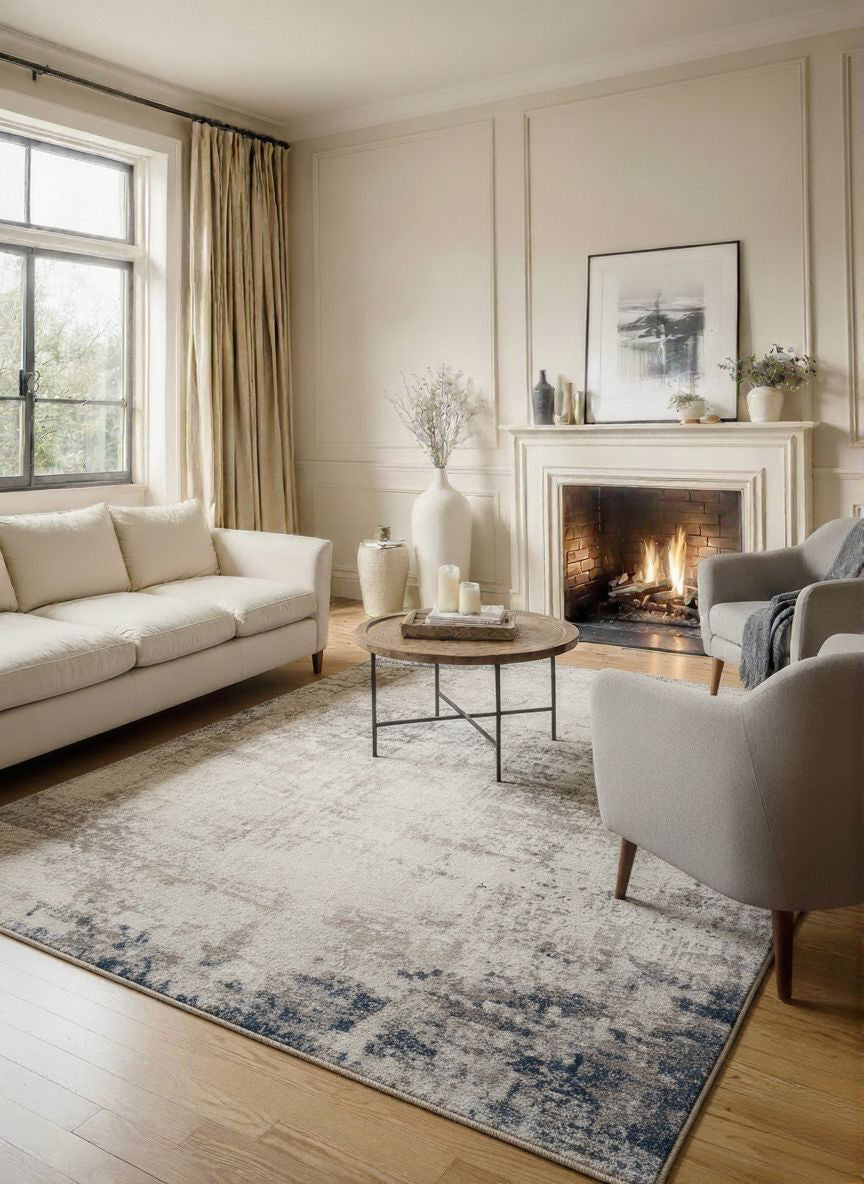 Tapis bleu contemporain abstrait Havana