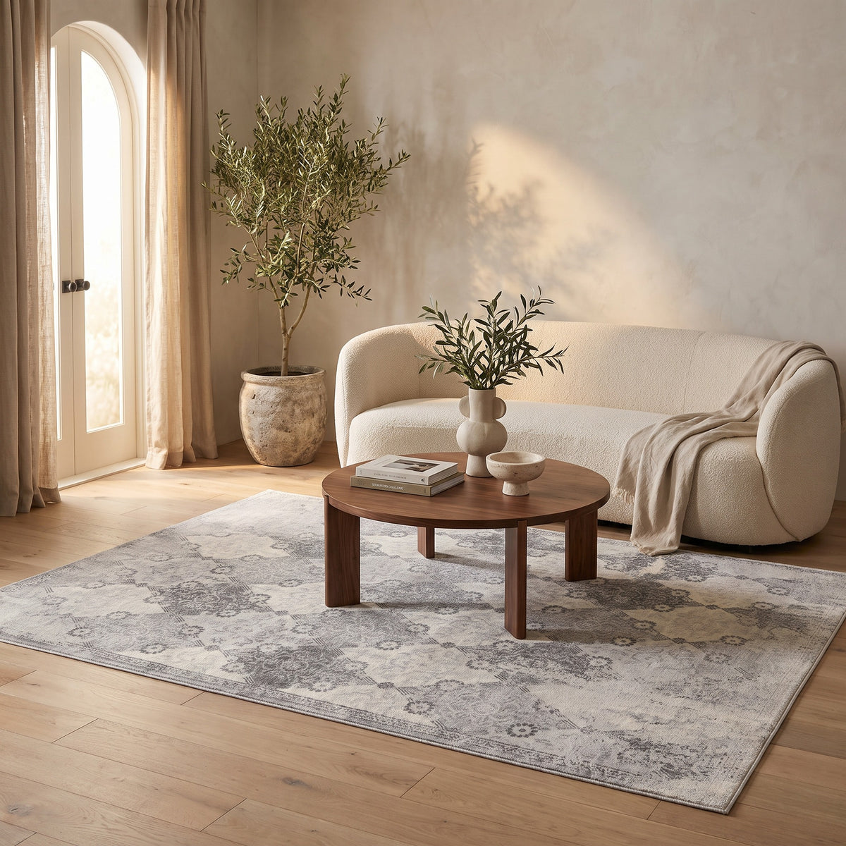 Nazira Damask Contemporary Grey Indoor Rug
