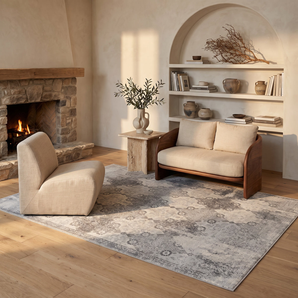 Nazira Damask Contemporary Grey Indoor Rug