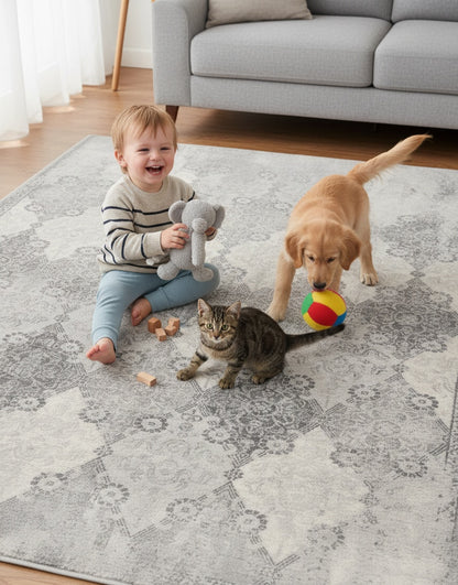 Nazira Damask Contemporary Grey Indoor Rug