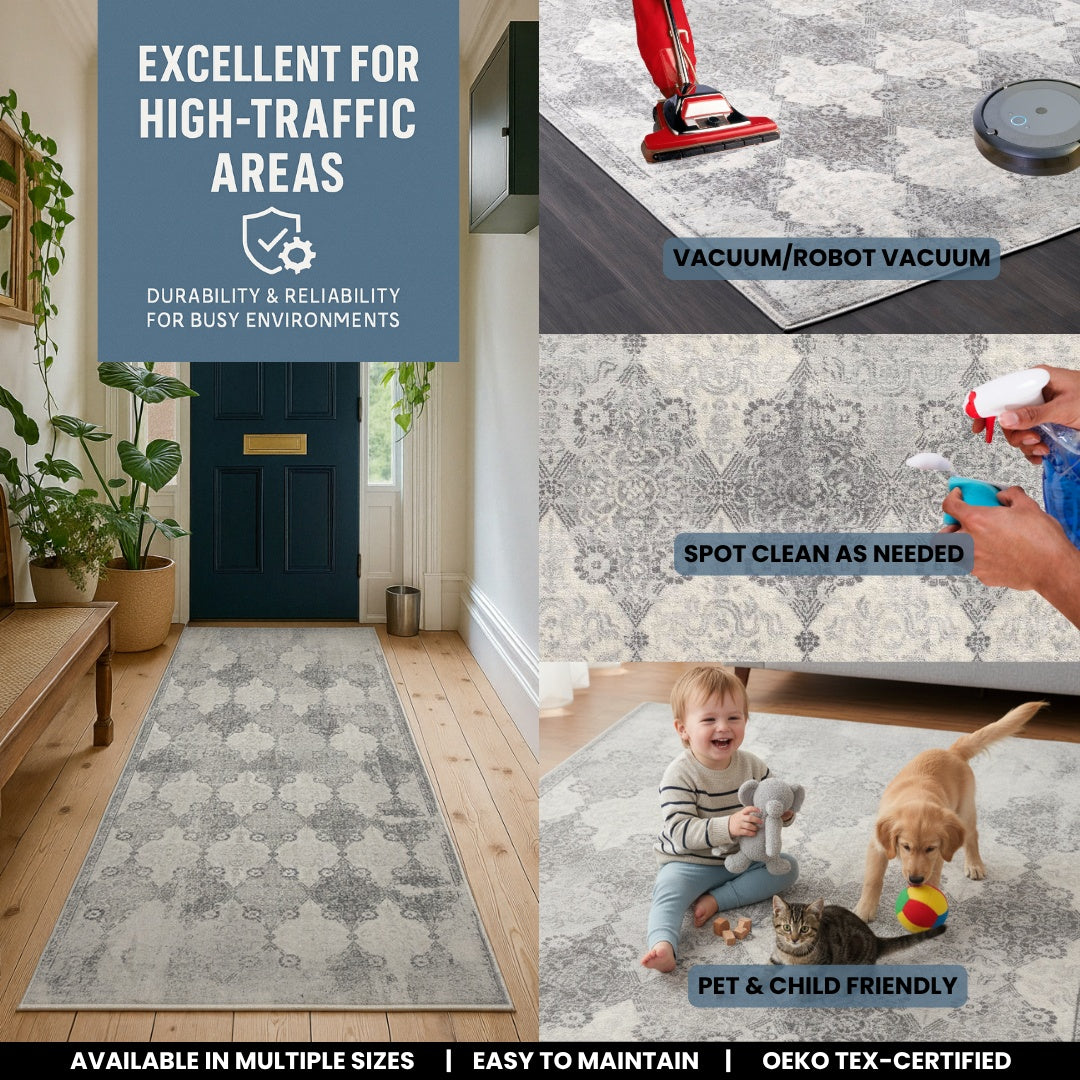 Nazira Damask Contemporary Grey Indoor Rug