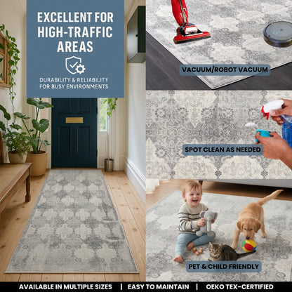 Nazira Damask Contemporary Grey Indoor Rug