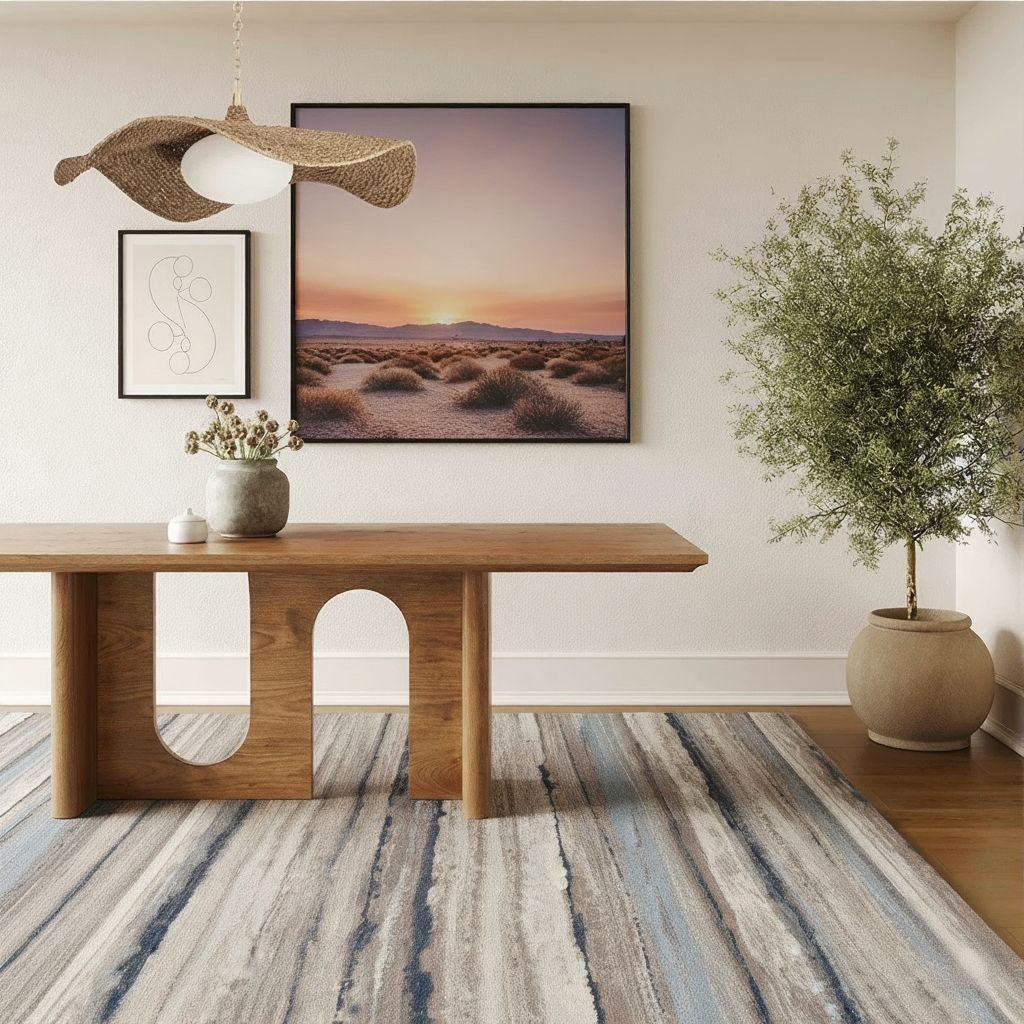 Rimal Abstract Contemporary Blue and Brown Indoor Rug
