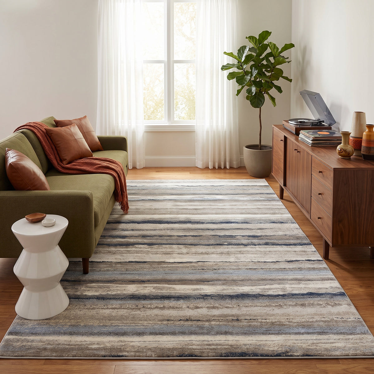 Rimal Abstract Contemporary Blue and Brown Indoor Rug