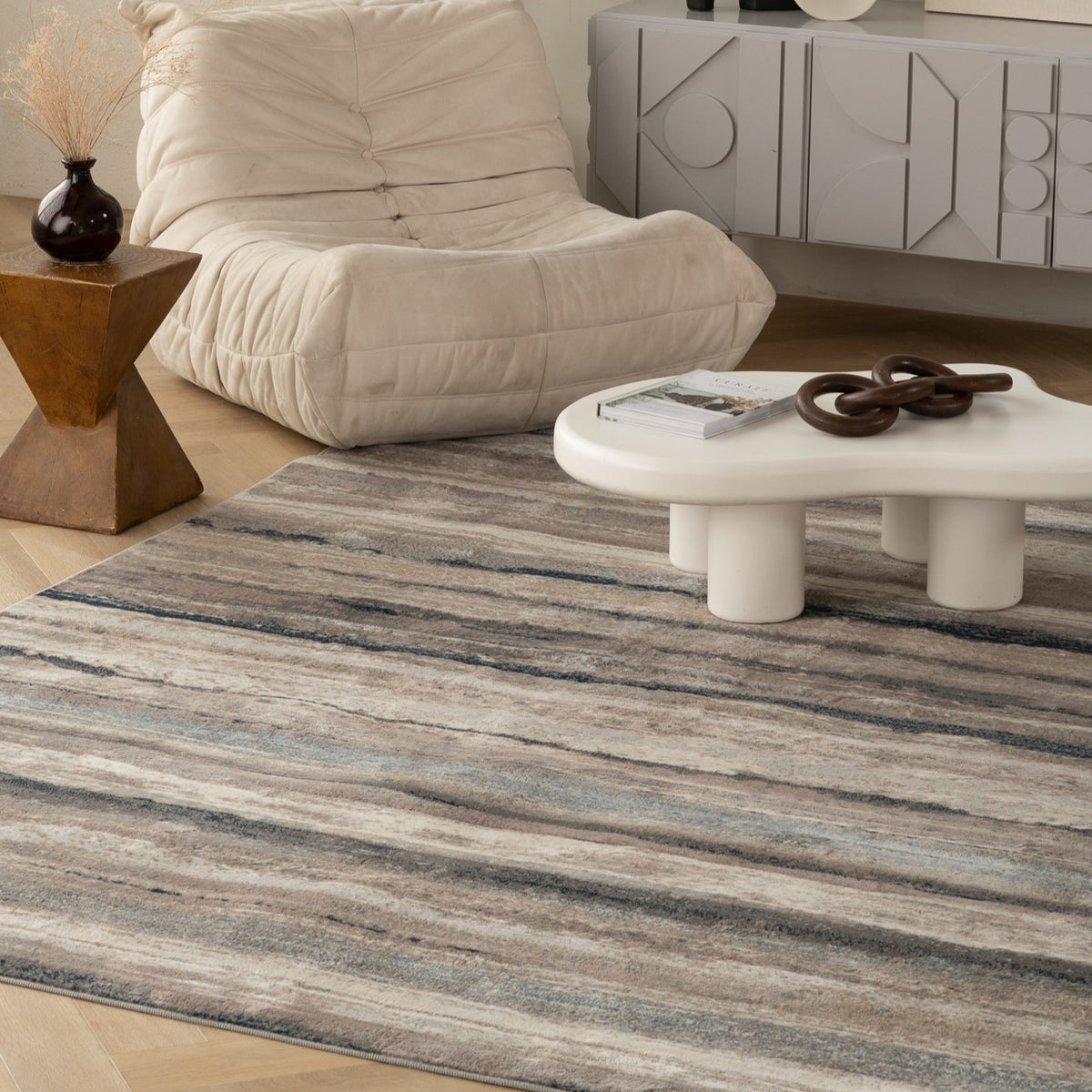 Rimal Abstract Contemporary Blue and Brown Indoor Rug