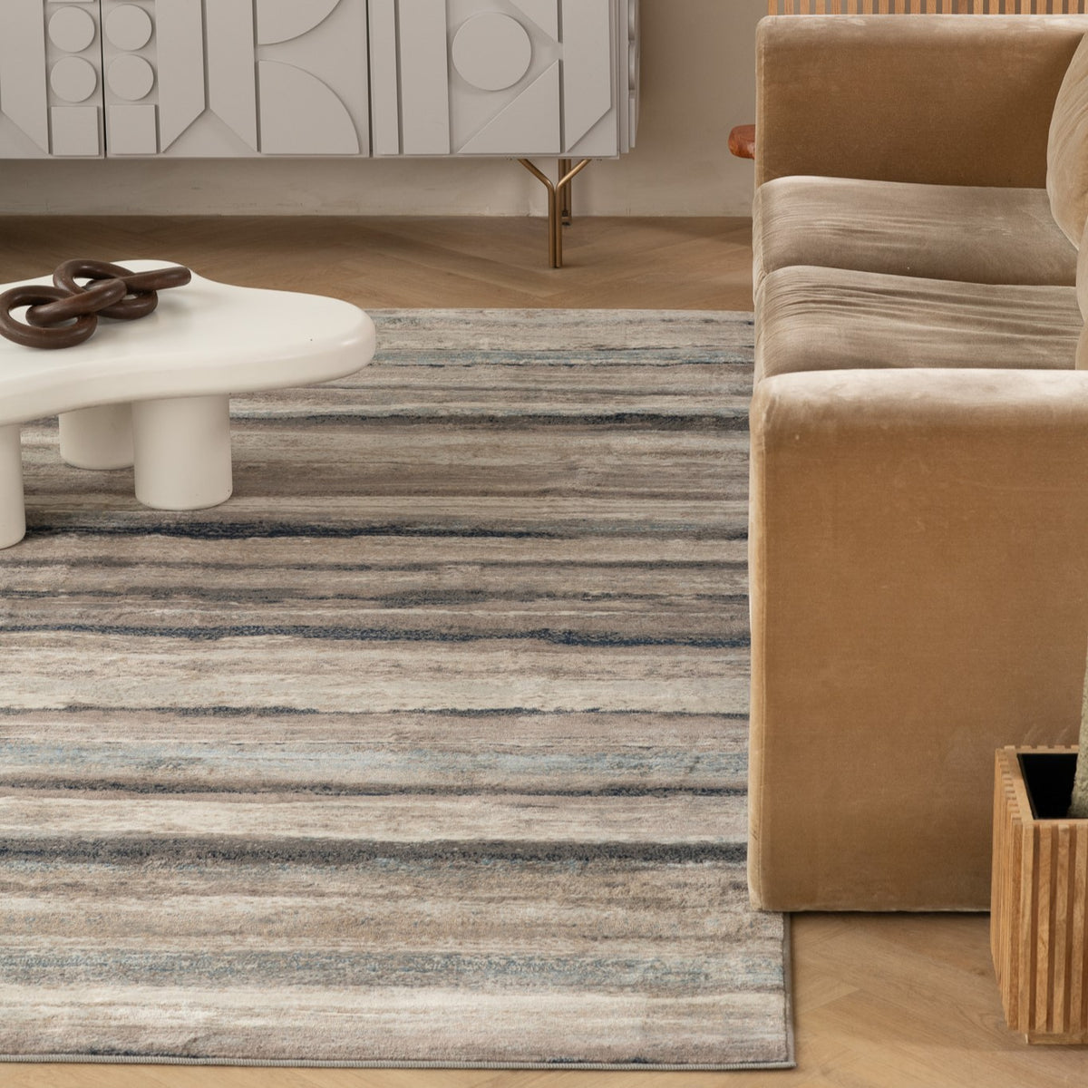 Rimal Abstract Contemporary Blue and Brown Indoor Rug