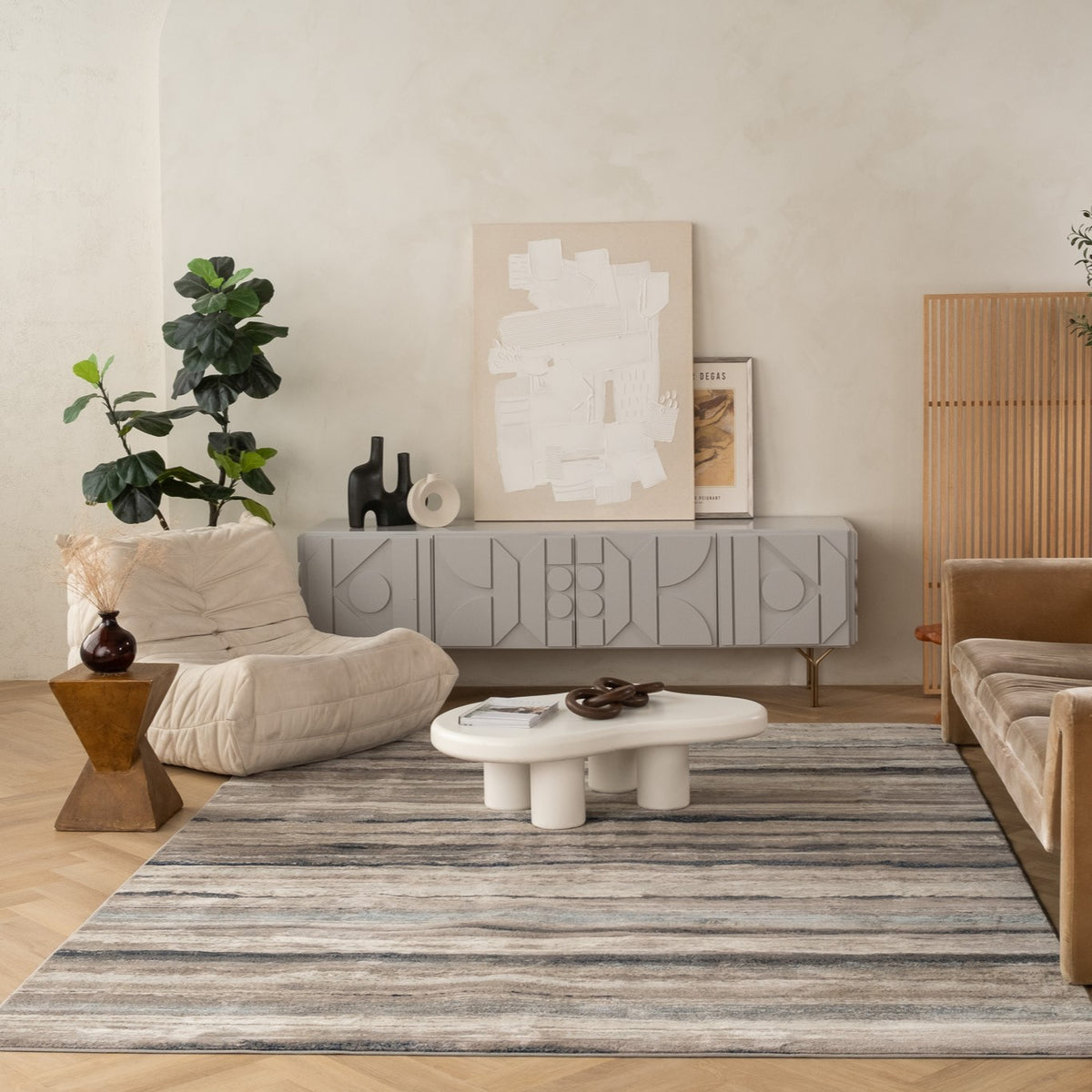 Rimal Abstract Contemporary Blue and Brown Indoor Rug