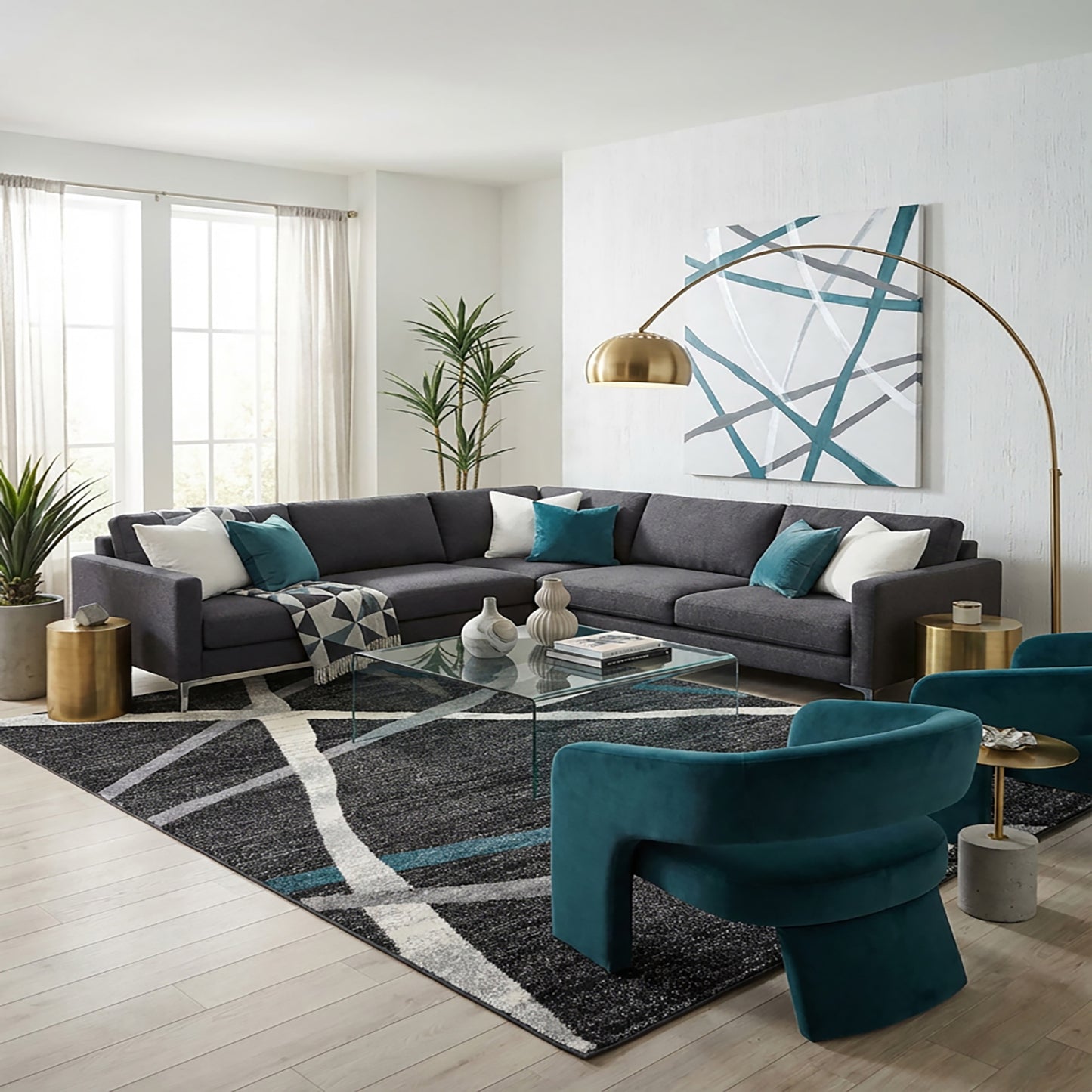 Azar Abstract Lines Contemporary Grey and Blue Indoor Rug