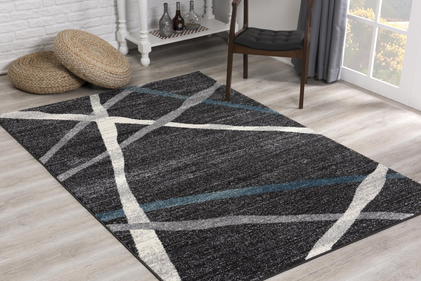 Azar Abstract Lines Contemporary Grey and Blue Indoor Rug