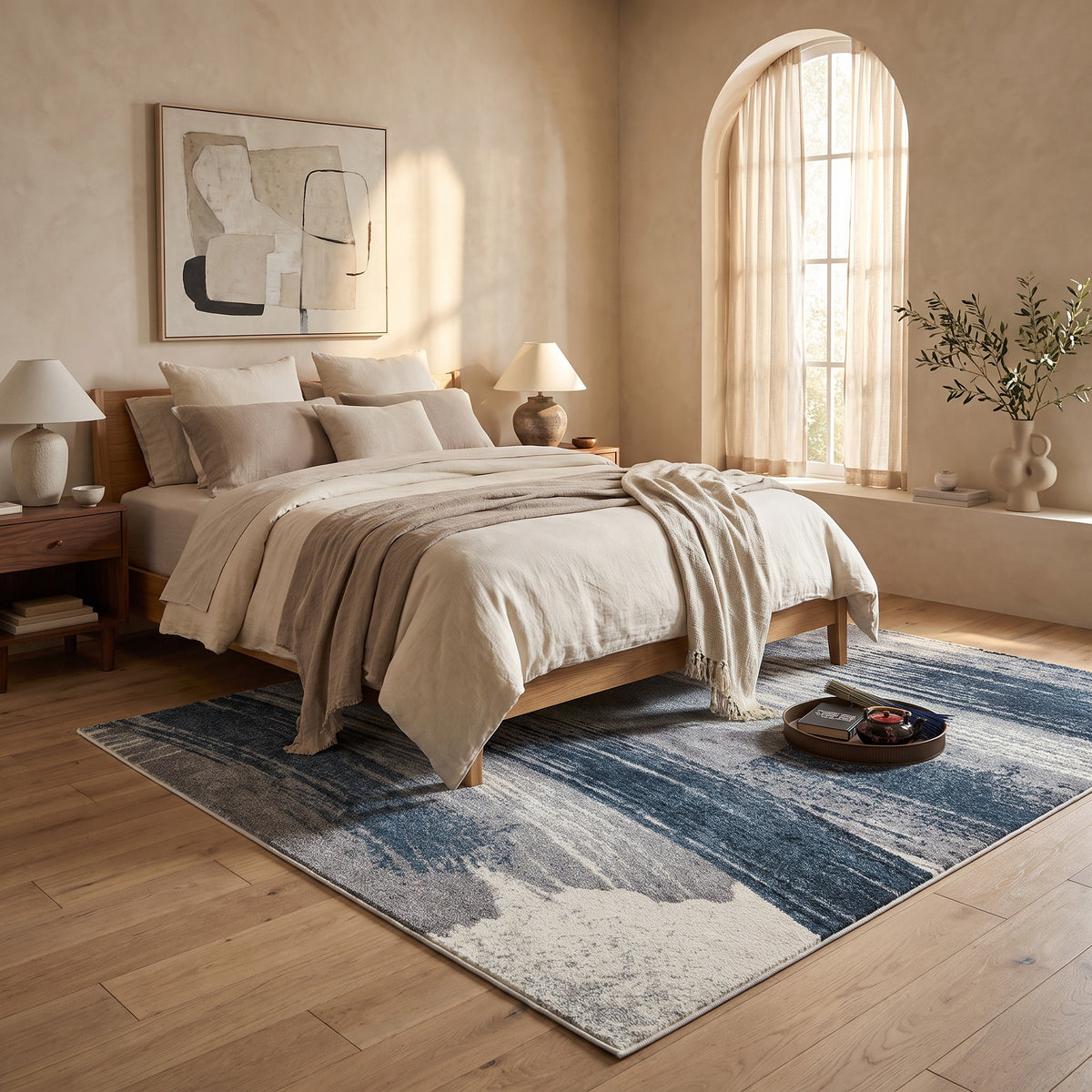 Tapis Rivah abstrait contemporain bleu et blanc