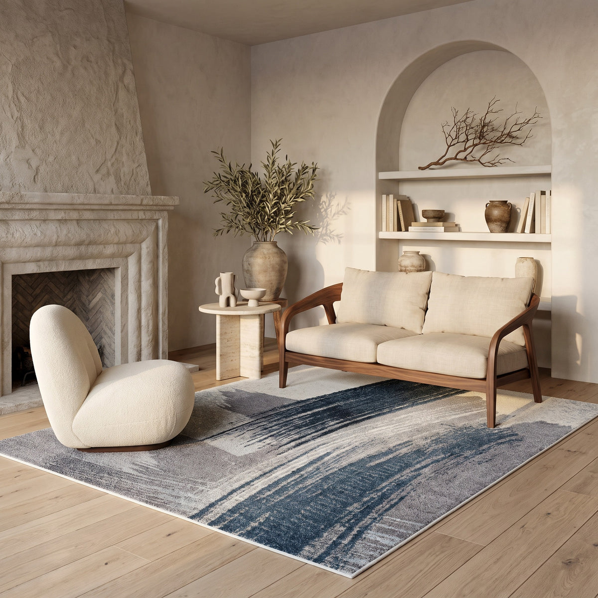 Tapis Rivah abstrait contemporain bleu et blanc