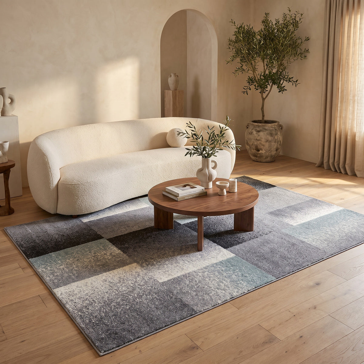 Tapis Riwaq abstrait contemporain gris et bleu