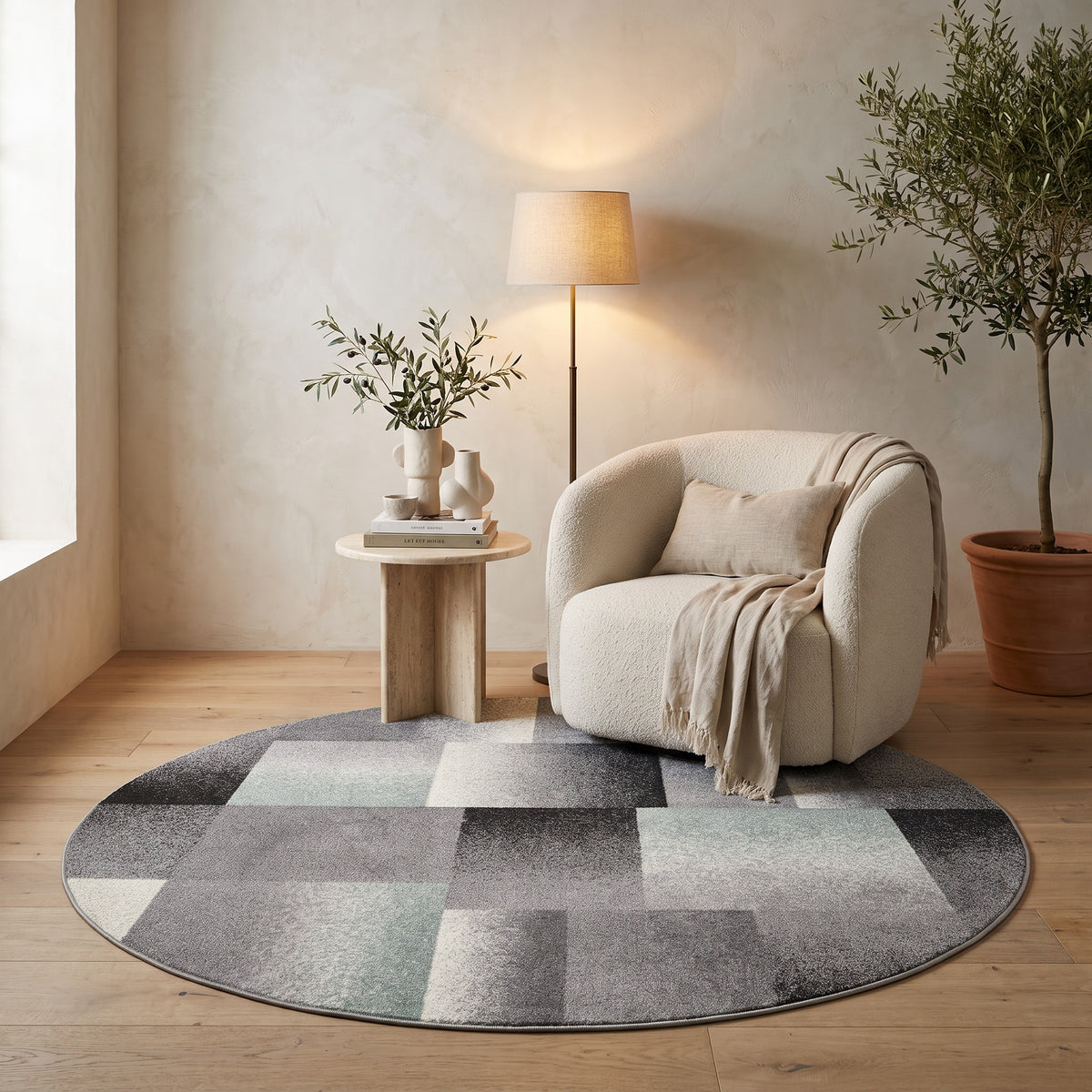 Tapis Riwaq abstrait contemporain gris et bleu