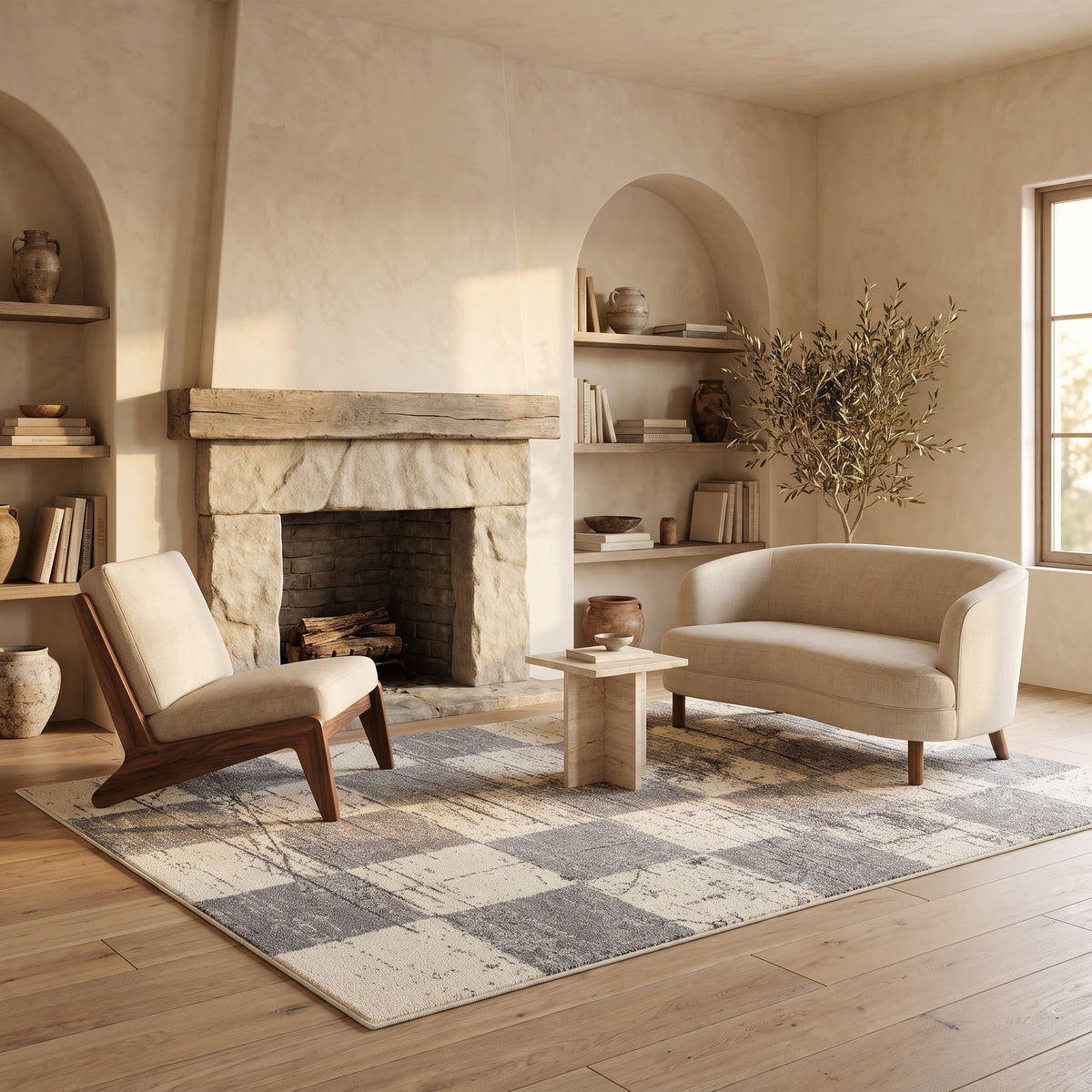 Prana Checkered Contemporary White and Grey Indoor Rug