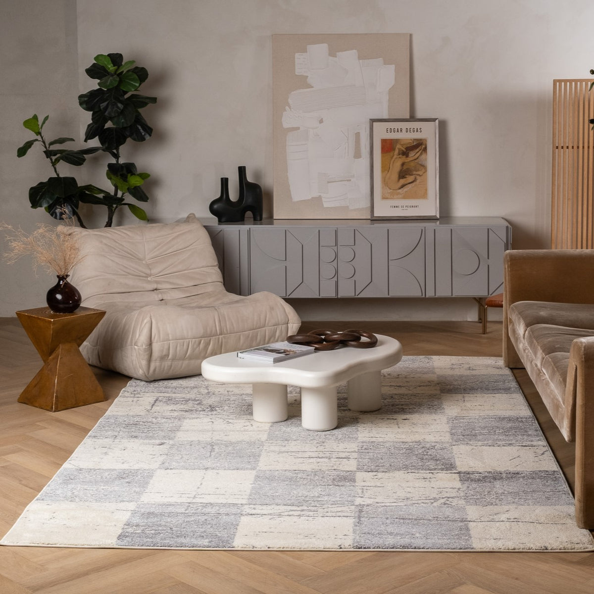 Prana Checkered Contemporary White and Grey Indoor Rug