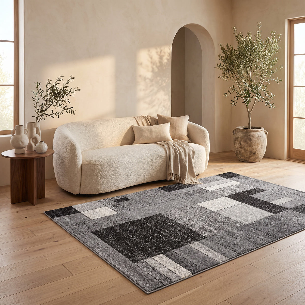 Alfombra de interior contemporánea geométrica gris y negra Sama