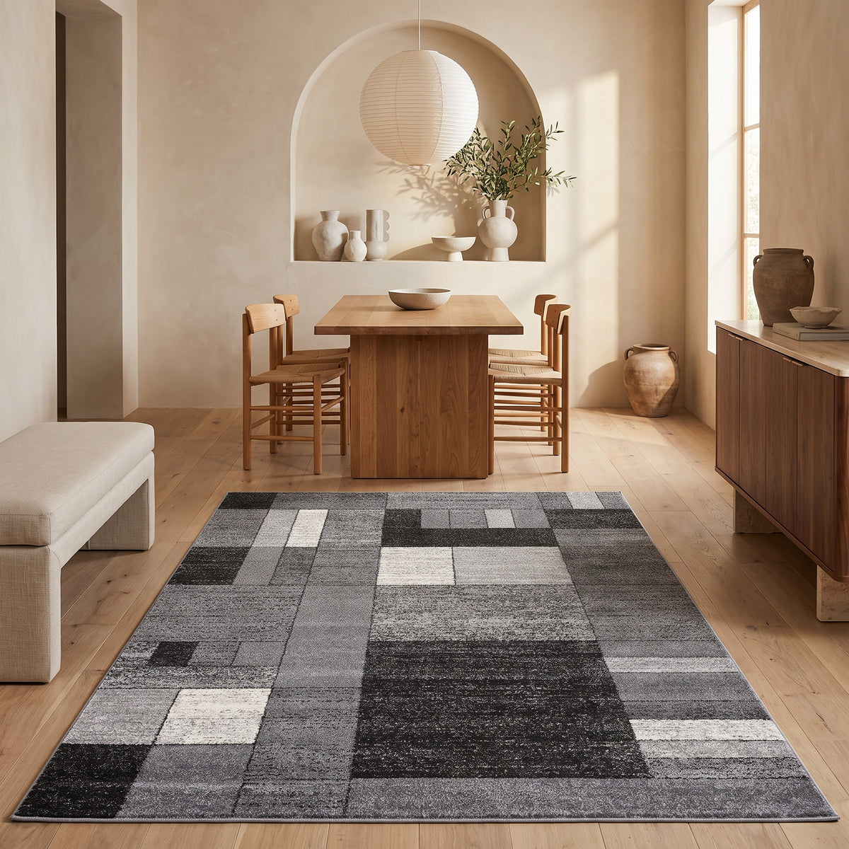 Alfombra de interior contemporánea geométrica gris y negra Sama