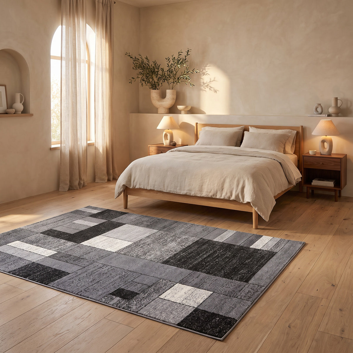 Alfombra de interior contemporánea geométrica gris y negra Sama