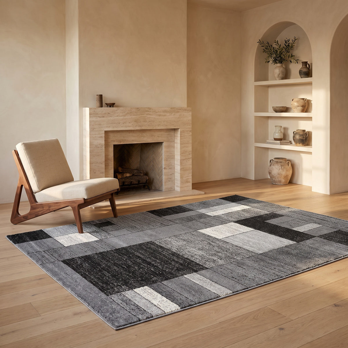 Alfombra de interior contemporánea geométrica gris y negra Sama