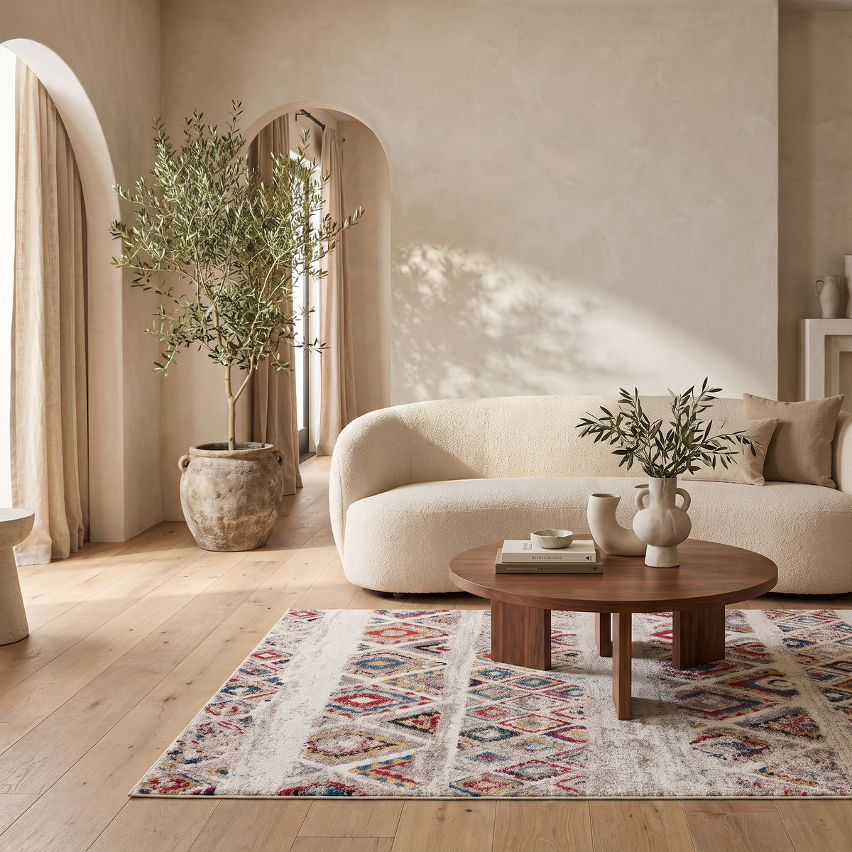 Tapis Safa bohème contemporain crème et rouge
