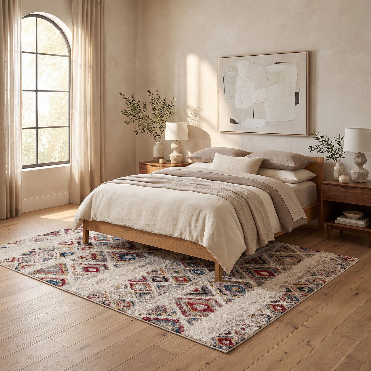 Tapis Safa bohème contemporain crème et rouge