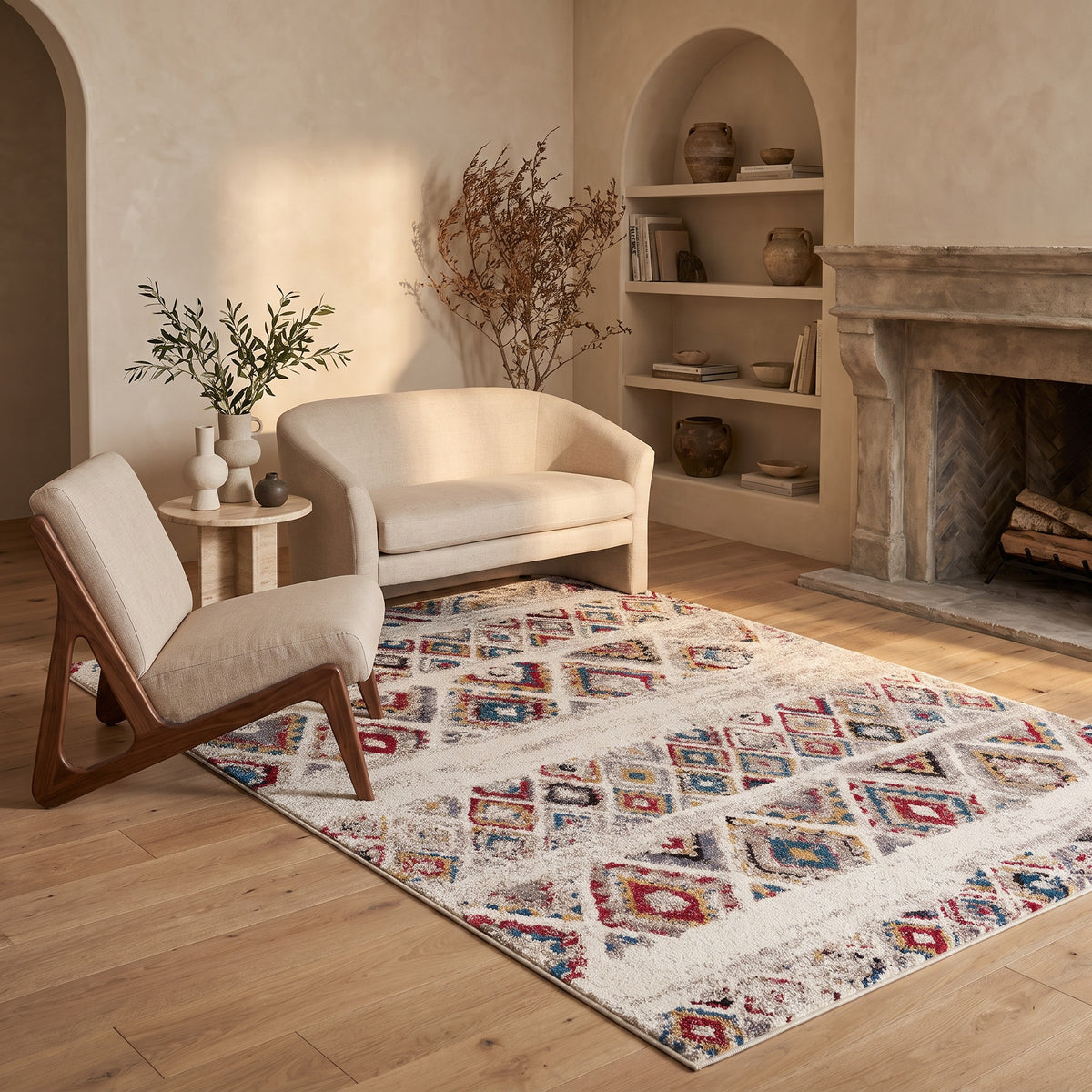 Tapis Safa bohème contemporain crème et rouge