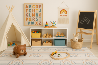 Tapis de jeu arc-en-ciel coloré rayé Soft Steps Playtime, tapis doux bleu