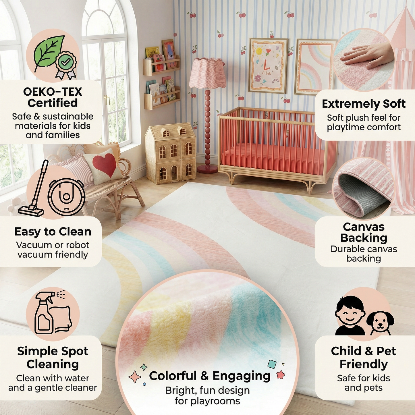 Tapis de jeu arc-en-ciel Soft Steps Playtime, tapis doux rose