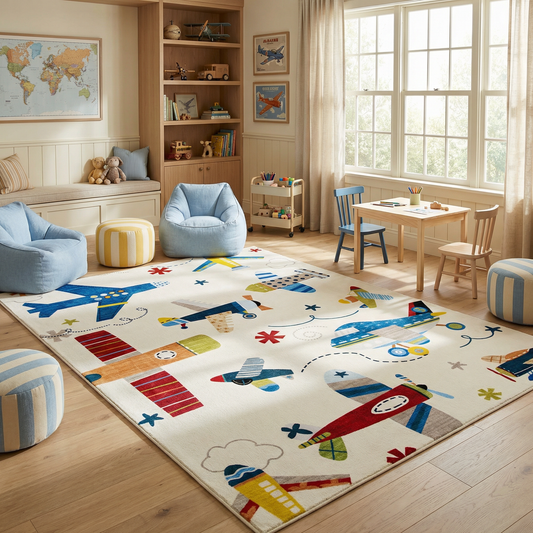 Maverick Vintage Airplane Multi Aircraft Theme Kids Play Rug
