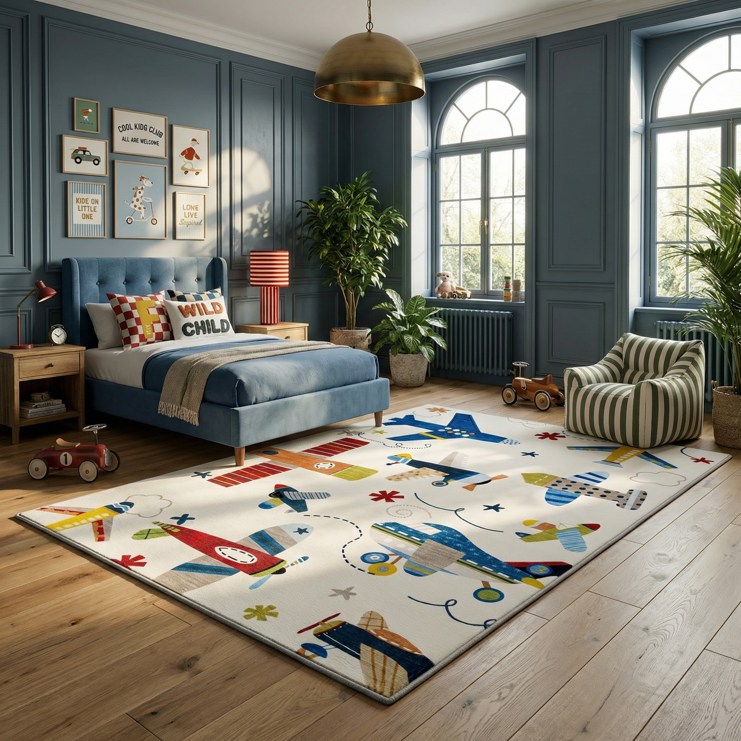 Maverick Vintage Airplane Multi Aircraft Theme Kids Play Rug
