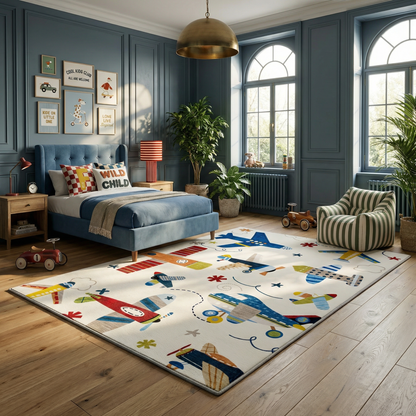 Maverick Vintage Airplane Multi Aircraft Theme Kids Play Rug