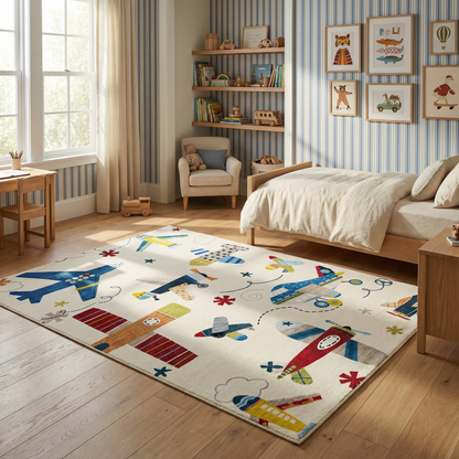 Maverick Vintage Airplane Multi Aircraft Theme Kids Play Rug