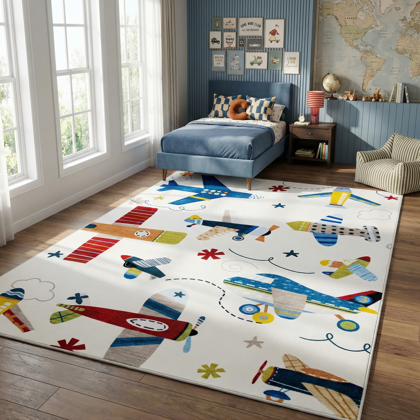 Maverick Vintage Airplane Multi Aircraft Theme Kids Play Rug