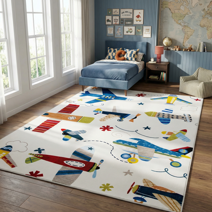Maverick Vintage Airplane Multi Aircraft Theme Kids Play Rug