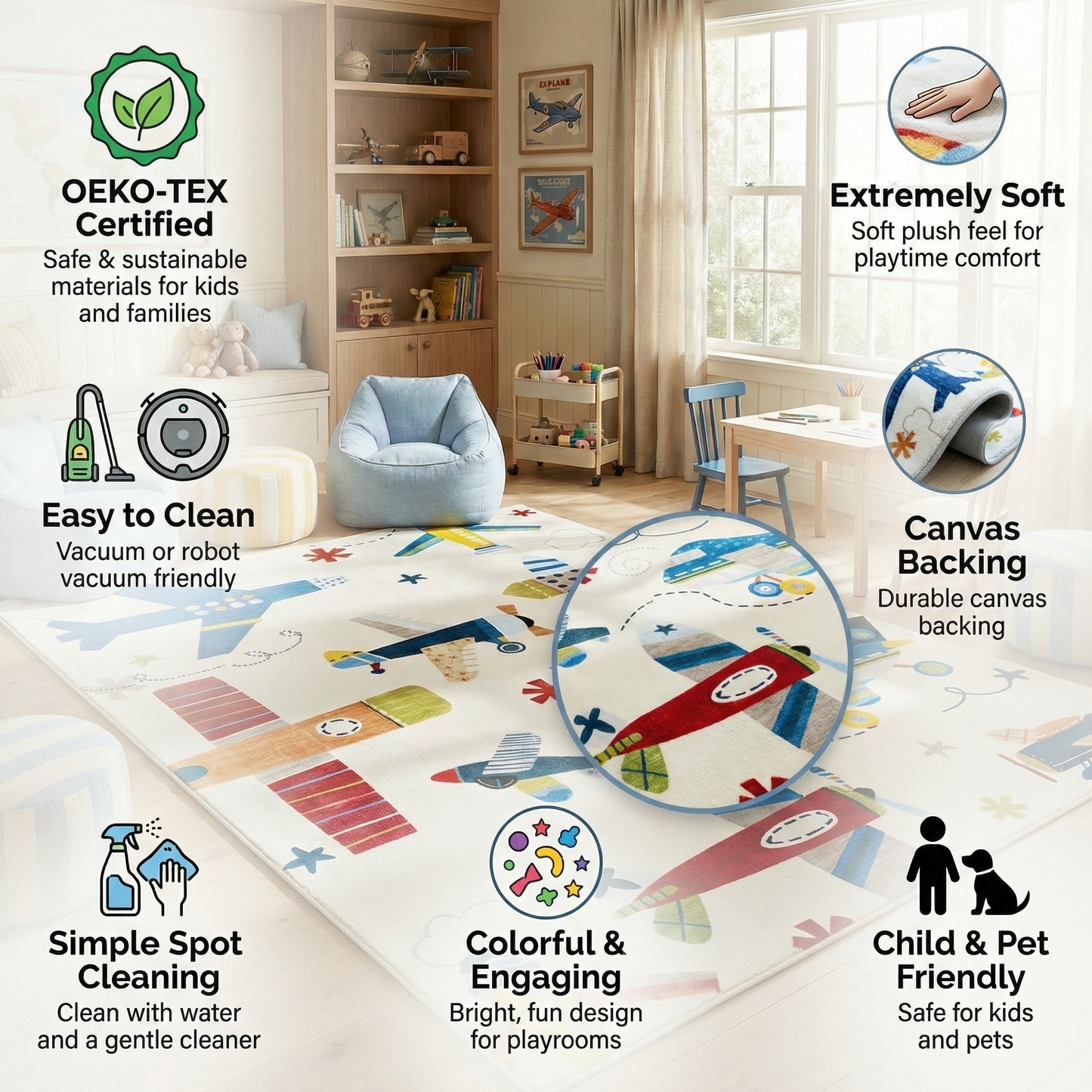 Maverick Vintage Airplane Multi Aircraft Theme Kids Play Rug