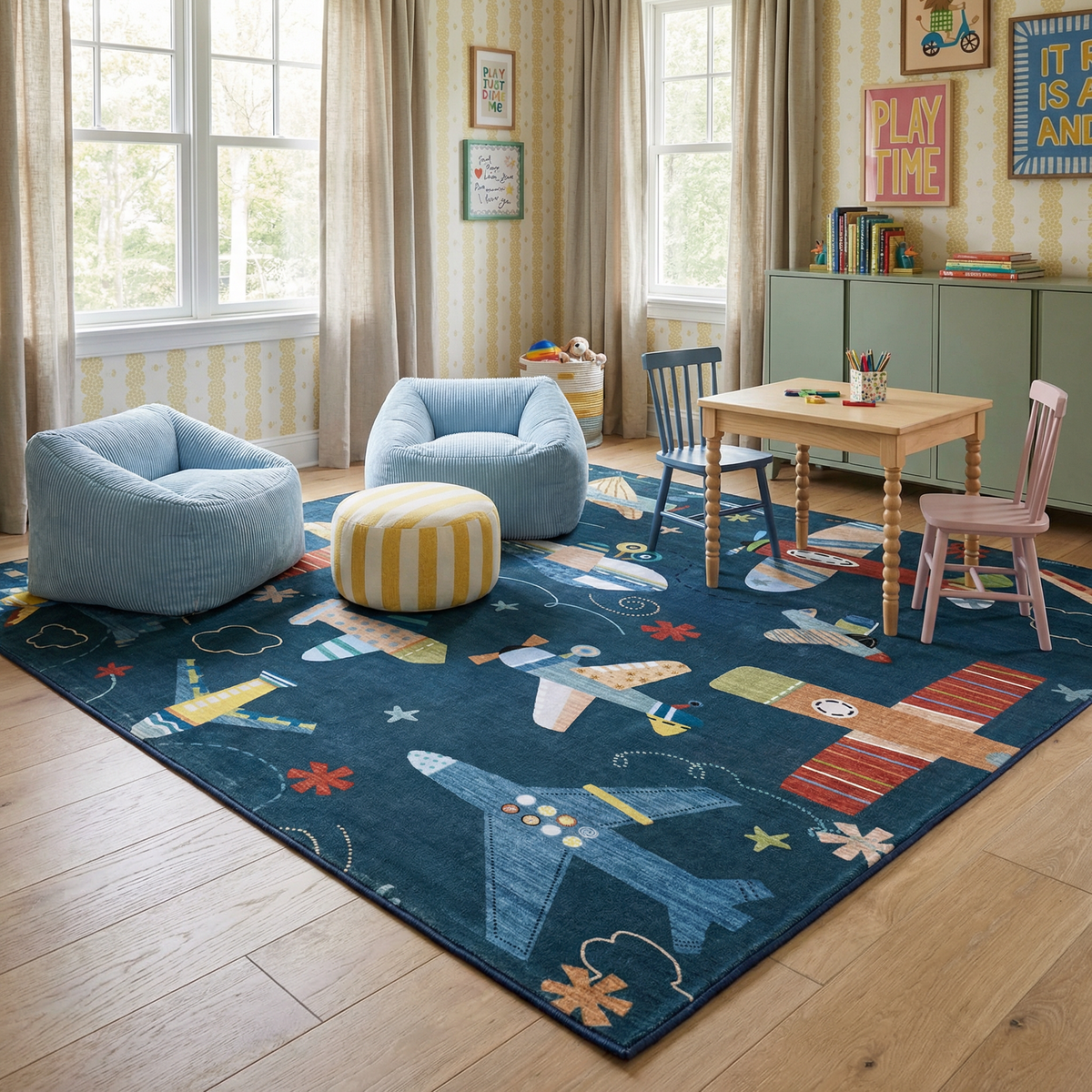 Maverick Airplane Adventure Navy Blue Aviation Theme Kids Rug
