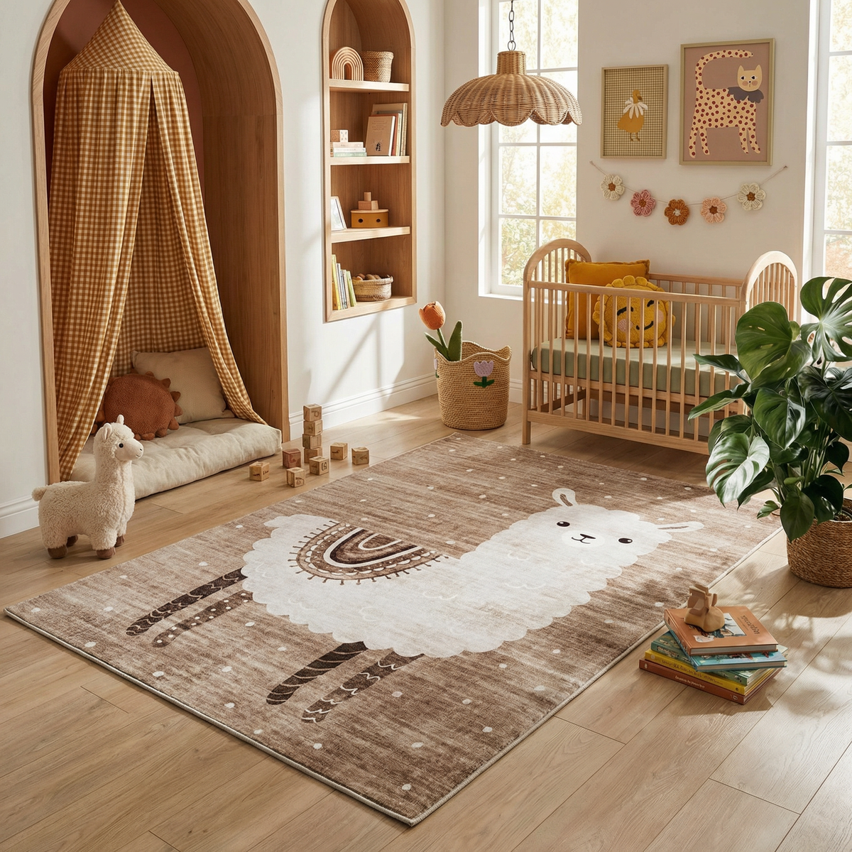 Rowan Lama Animal Theme Beige and White Kids Area Rug