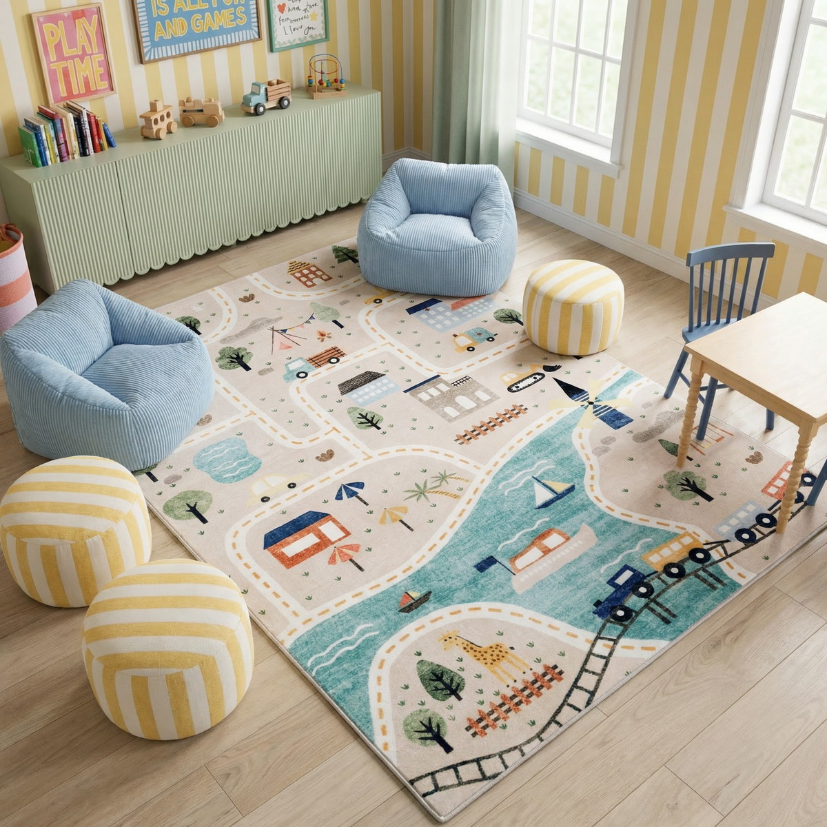 Haven City Road Map Grey Blue Kids Area Rug