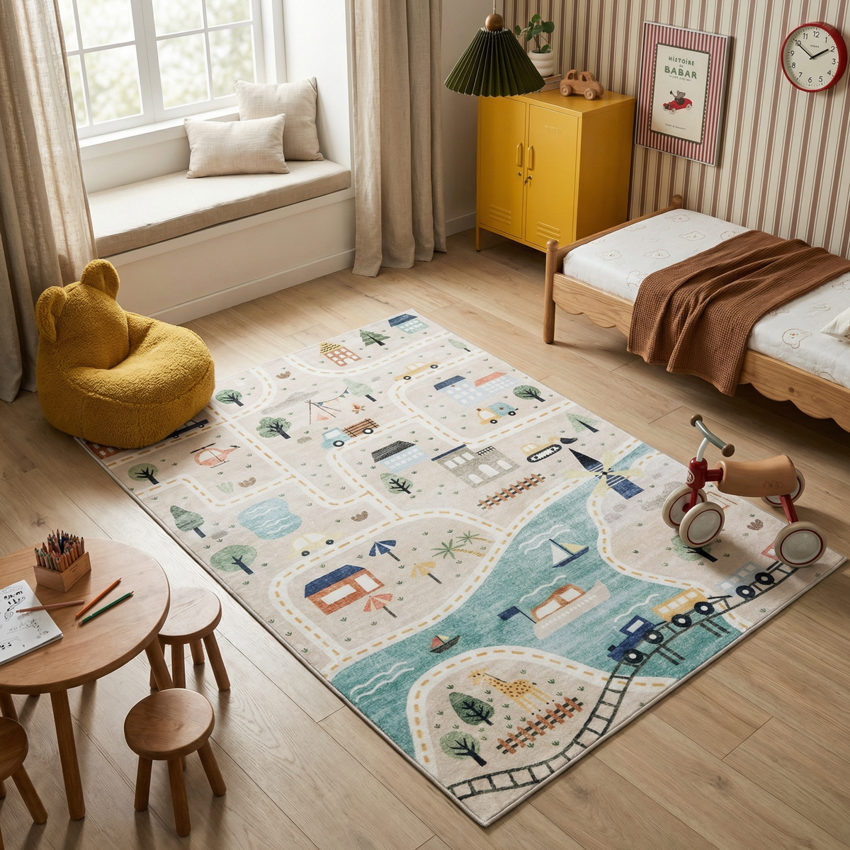 Haven City Road Map Grey Blue Kids Area Rug