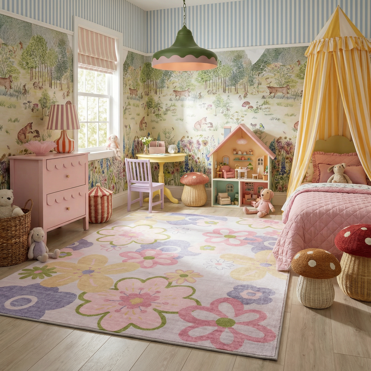 Bloom Daisy Floral Pink and Purple Kids Area Rug