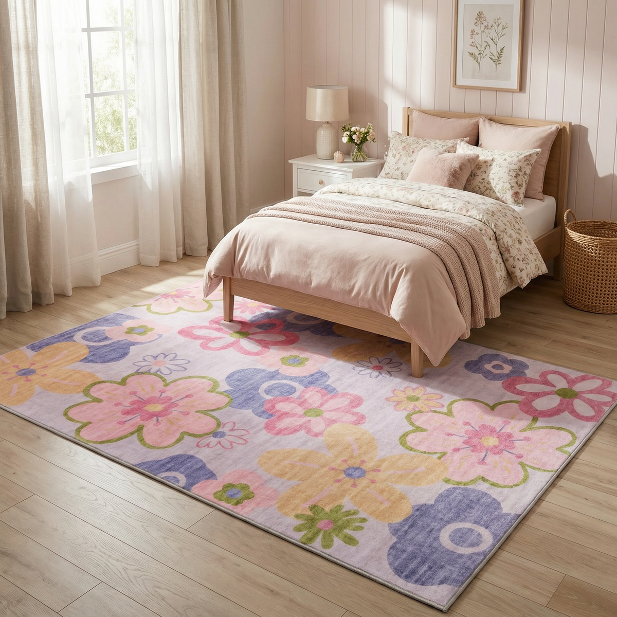 Bloom Daisy Floral Pink and Purple Kids Area Rug