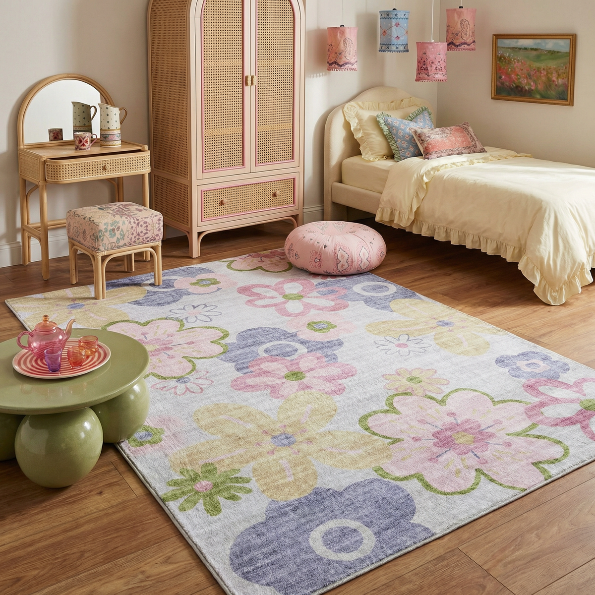 Bloom Daisy Floral Pink and Purple Kids Area Rug