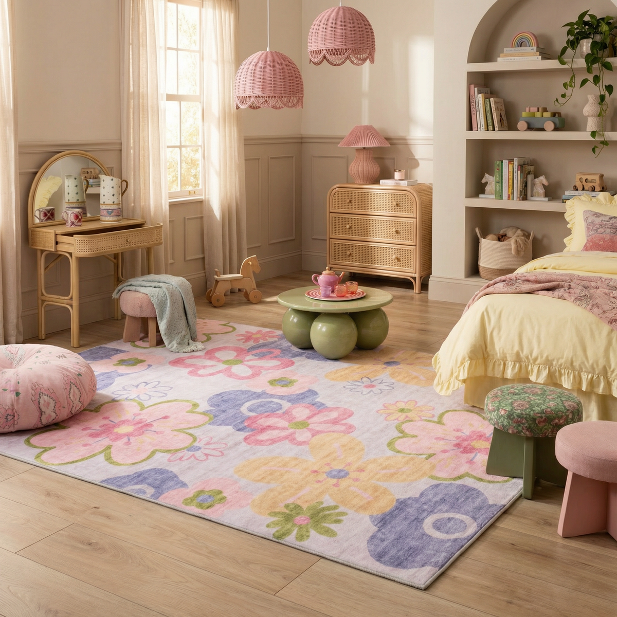 Bloom Daisy Floral Pink and Purple Kids Area Rug