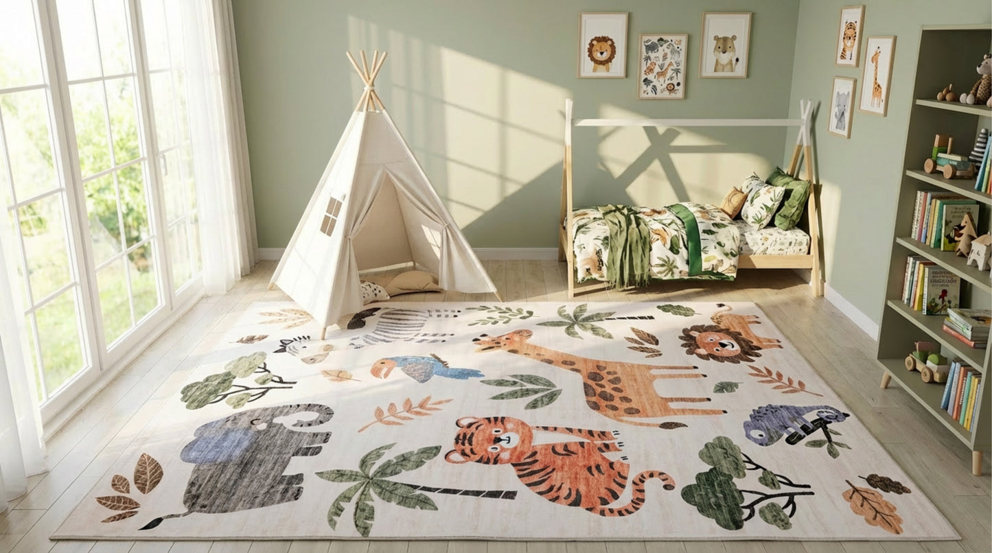 Jungle Safari Contemporary White and Beige Indoor Rug