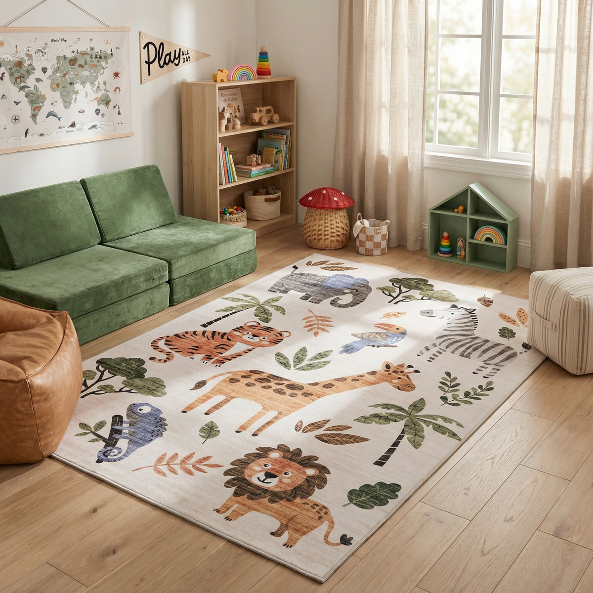 Jungle Safari Animals Wildlife Beige Kids Area Rug