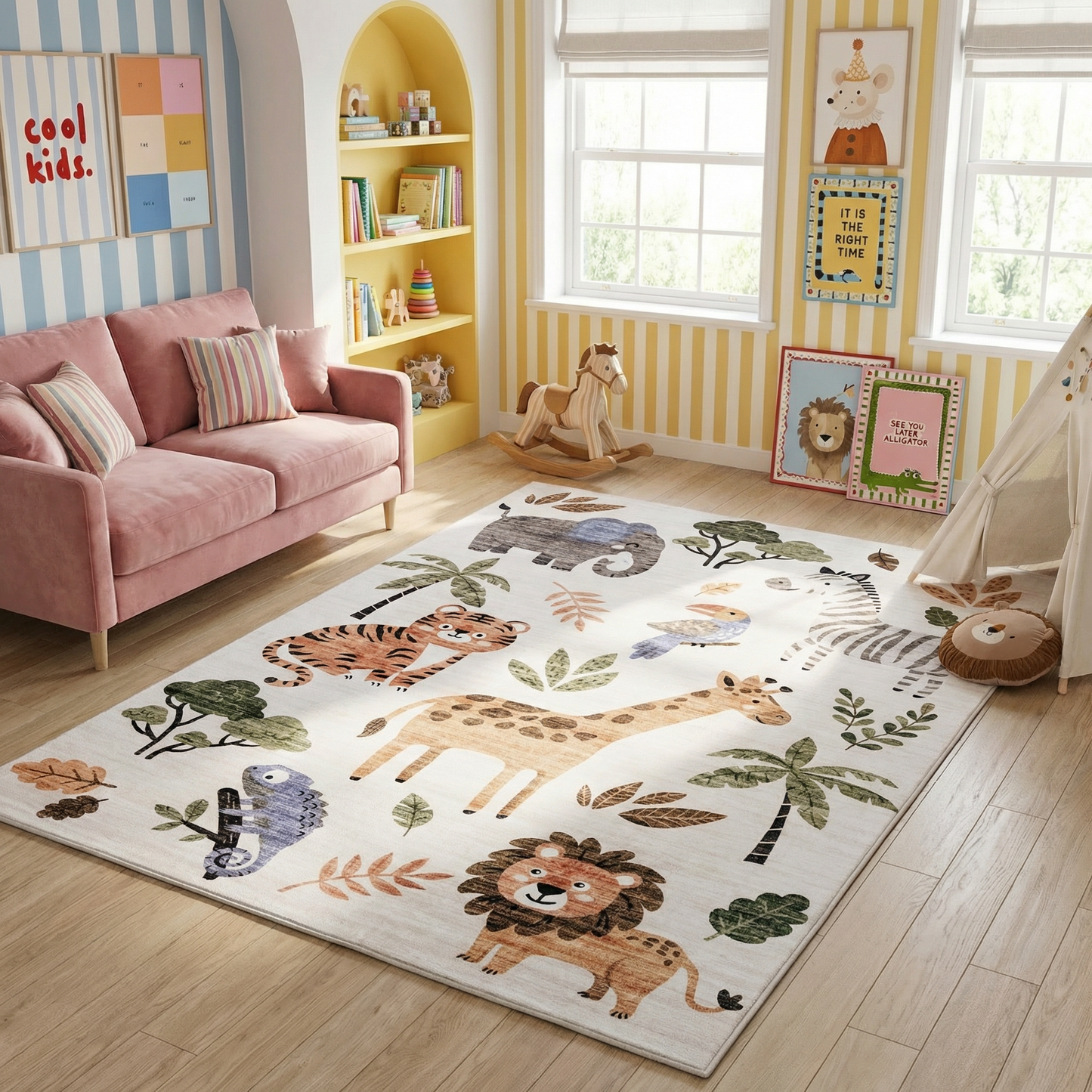 Jungle Safari Animals Wildlife Beige Kids Area Rug