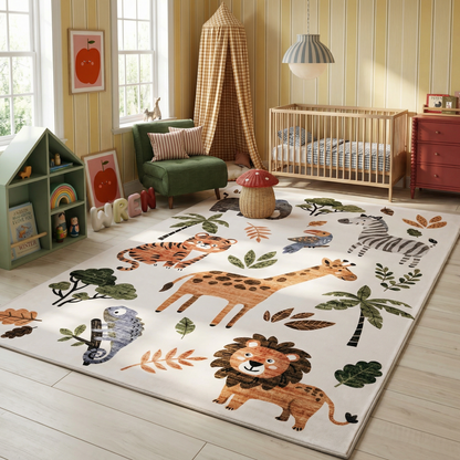 Jungle Safari Animals Wildlife Beige Kids Area Rug