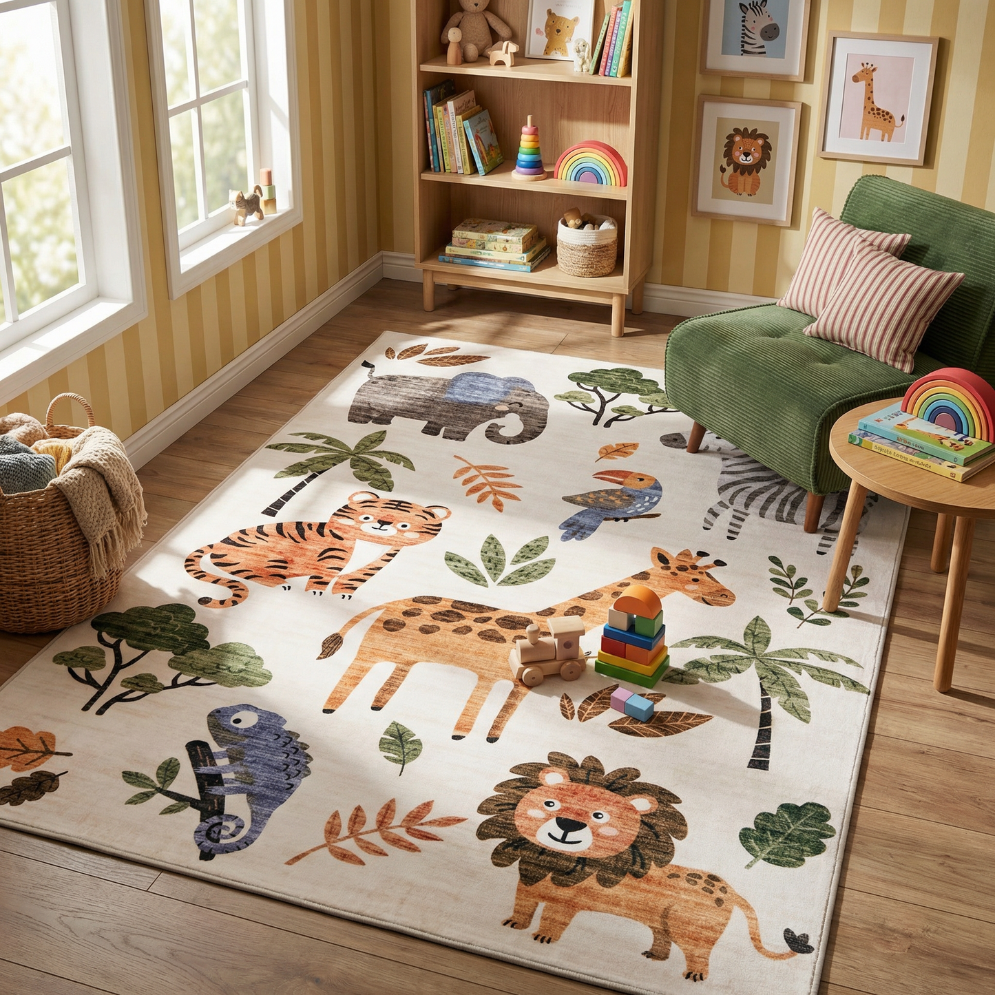 Jungle Safari Animals Wildlife Beige Kids Area Rug