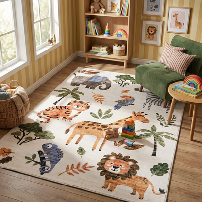 Jungle Safari Animals Wildlife Beige Kids Area Rug